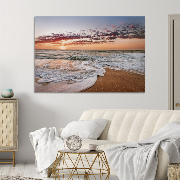 Ocean Sunset Wall Art Canvas Print, Framed Sandy Shore Art Picture Print, Gentle Waves Perfect Minimalist Coastal Decor, Ocean Waves Wall Art Print