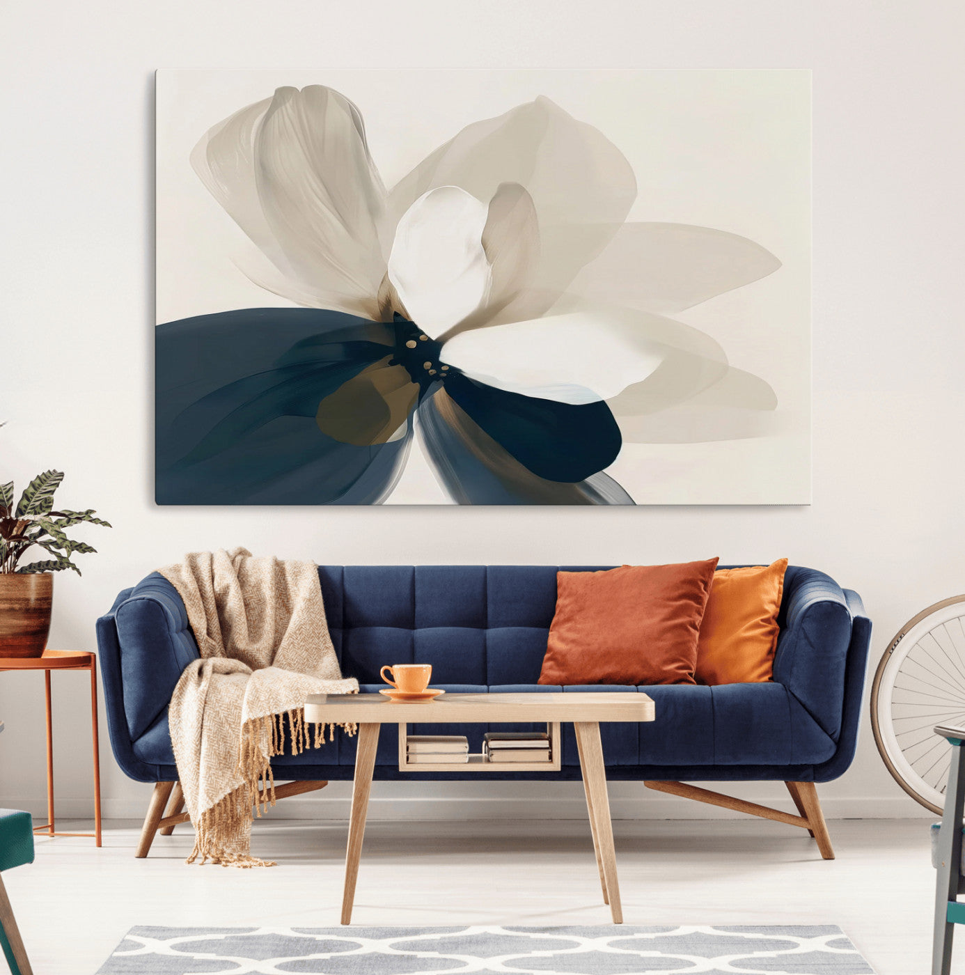 MGV-CV-36X24 - Minimal Flower Wall Art Canvas Print, Framed Flower Drawing Art Picture Print, Beige Bloom Perfect Modern Botanical Decor Artwork