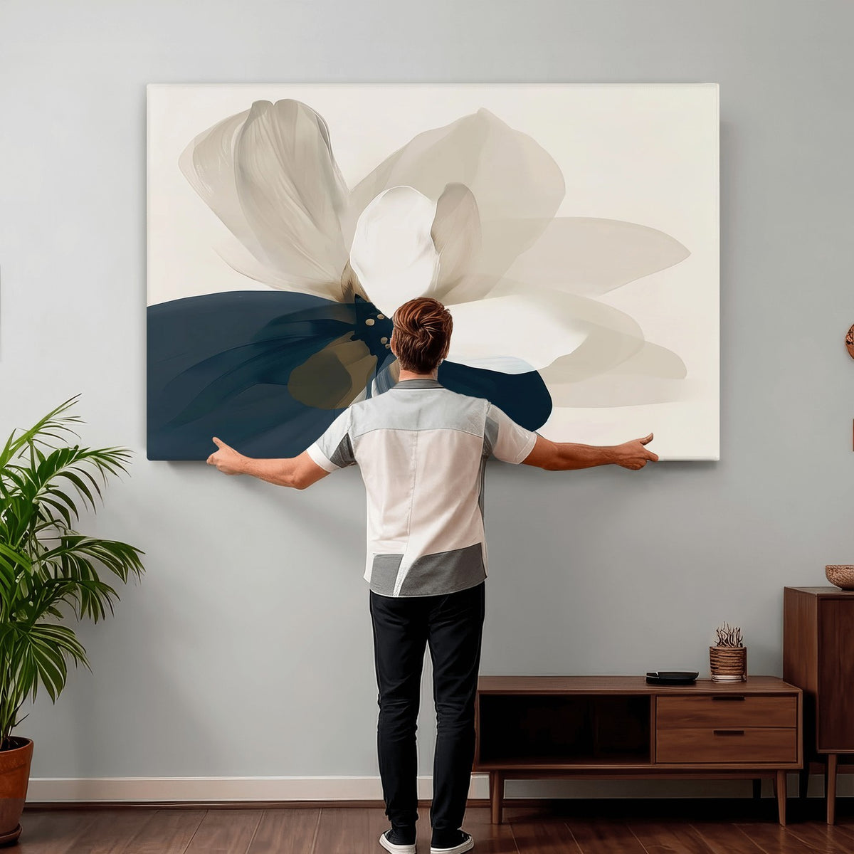 42188901-MGV-CV-24X16 - Minimal Flower Wall Art Canvas Print | Framed Beige and Navy Bloom