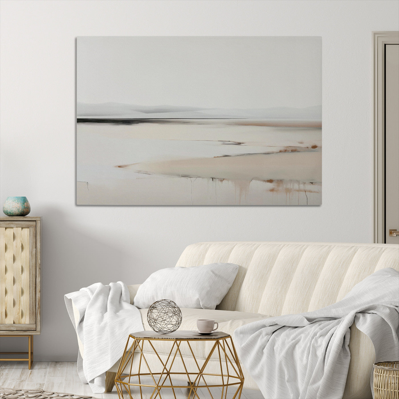 Minimalist Landscape Wall Art Canvas Print, Framed Soft Horizon Art Picture Print, Abstract Seascape Perfect Minimalist Earthy Decor, Framed