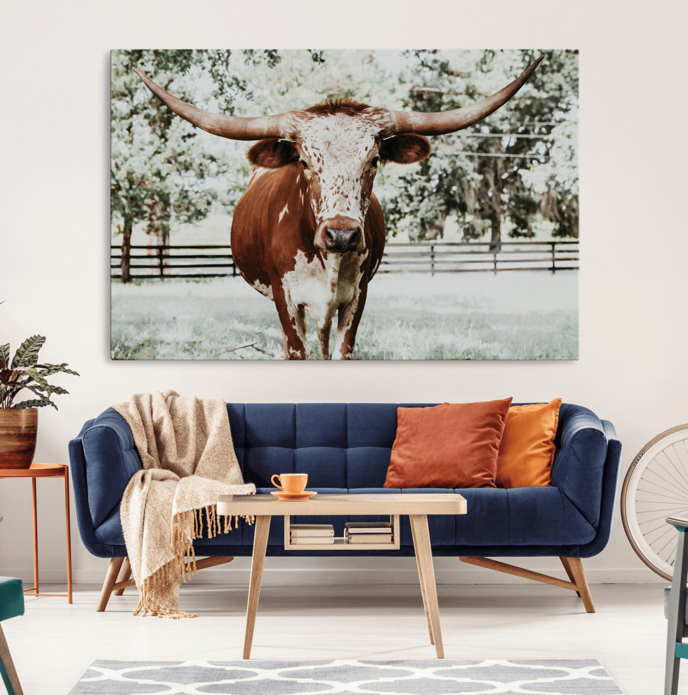 54757537-MGV-CV-36X24-Texas Longhorn Wall Art Canvas Print – Framed Spotted Bull Rustic Western Horned Cattle Artwork for Home Office