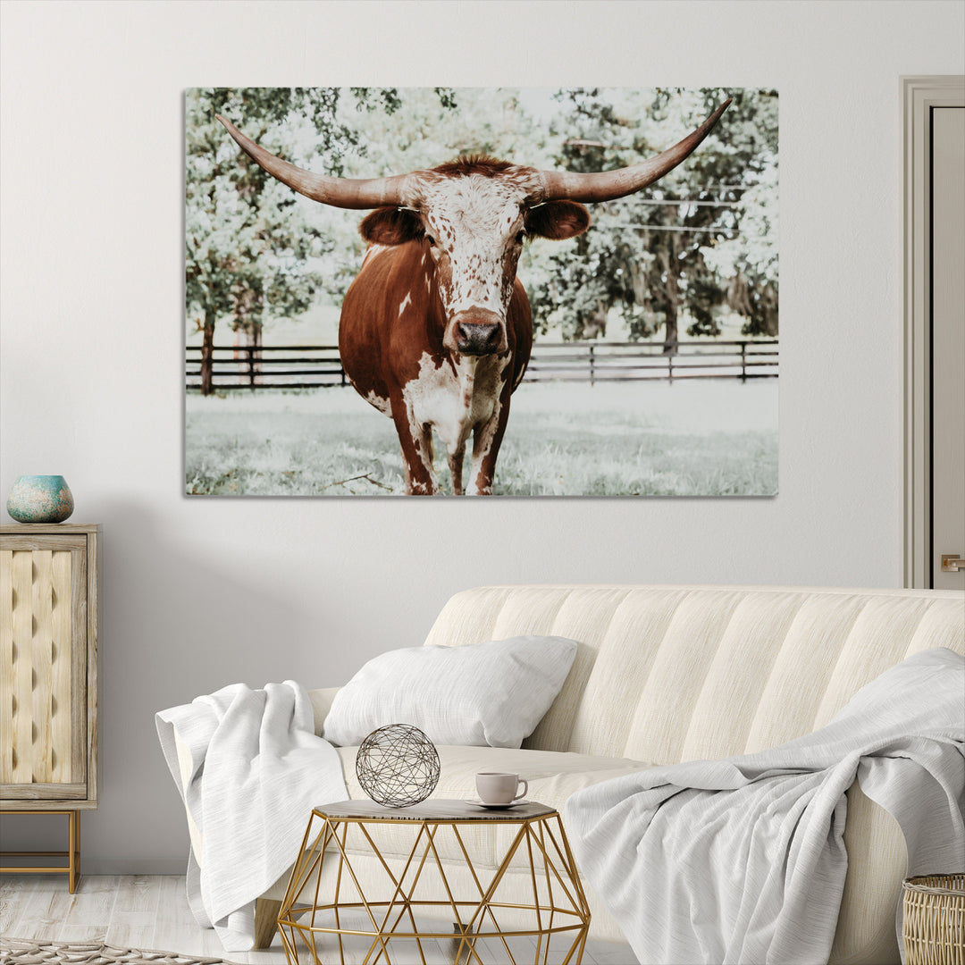 Texas Longhorn Wall Art Canvas Print, Framed Spotted Cow Art Picture Print, Horned Cattle Perfect Rustic Western Decor, Framed Horned Cattle Print