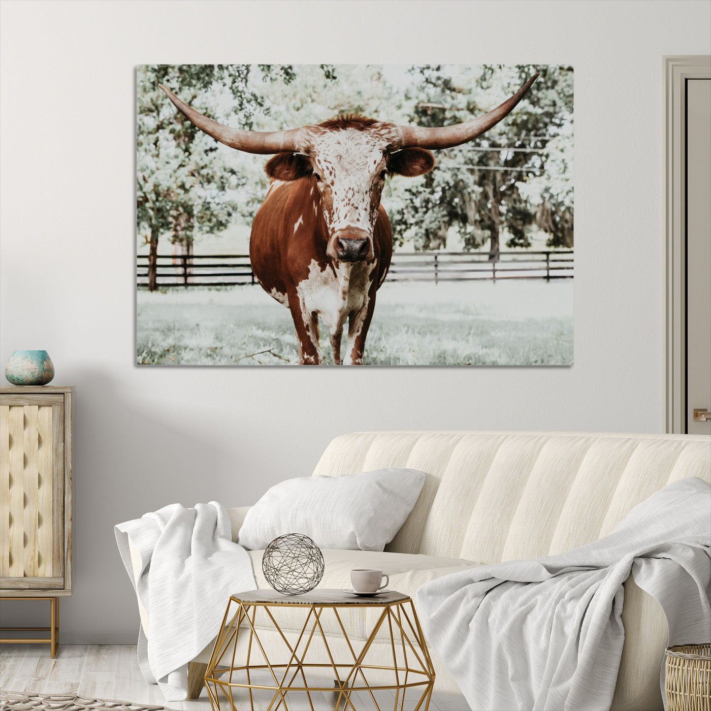 54757537-MGV-CV-36X24-Texas Longhorn Wall Art Canvas Print, Framed Spotted Cow Art Picture Print, Horned Cattle Perfect Rustic Western Decor Artwork