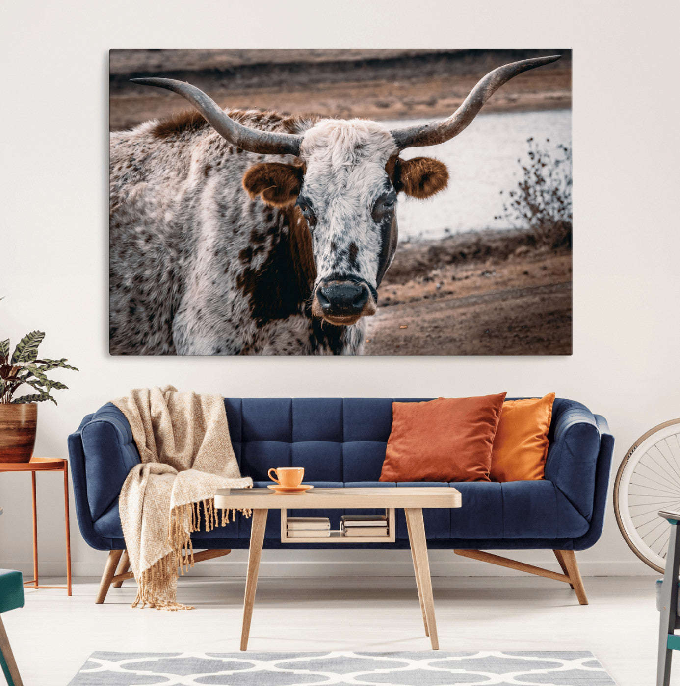 MGV-CV-36X24 - Texas Longhorn Wall Art Canvas Print, Framed Spotted Cow Art Picture Print, Horned Cattle Perfect Rustic Western Decor Artwork