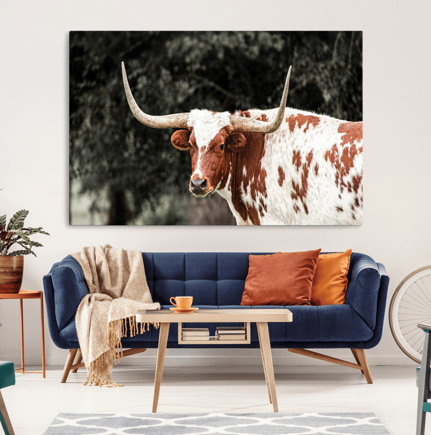 MGV-CV-36X24 - Texas Longhorn Wall Art Canvas Print, Framed Spotted Cow Art Picture Print, Horned Bull Perfect Rustic Western Decor Artwork