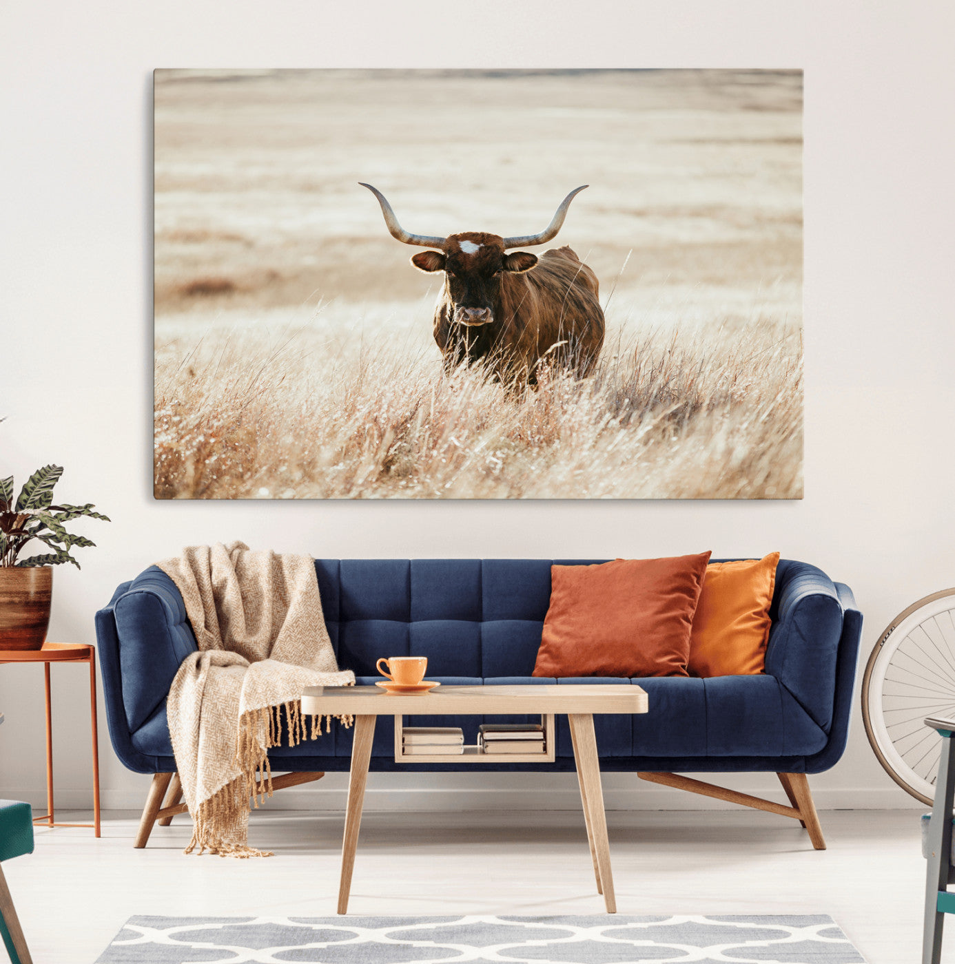 MGV-CV-36X24 - Texas Longhorn Wall Art Canvas Print, Framed Brown Cattle Art Picture Print, Horned Bull Perfect Rustic Western Decor Artwork