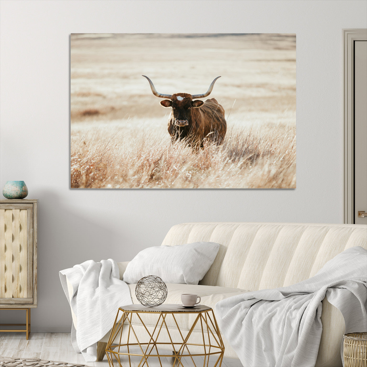 Texas Longhorn Wall Art Canvas Print, Framed Brown Cattle Art Picture Print, Horned Bull Perfect Rustic Western Decor Artwork