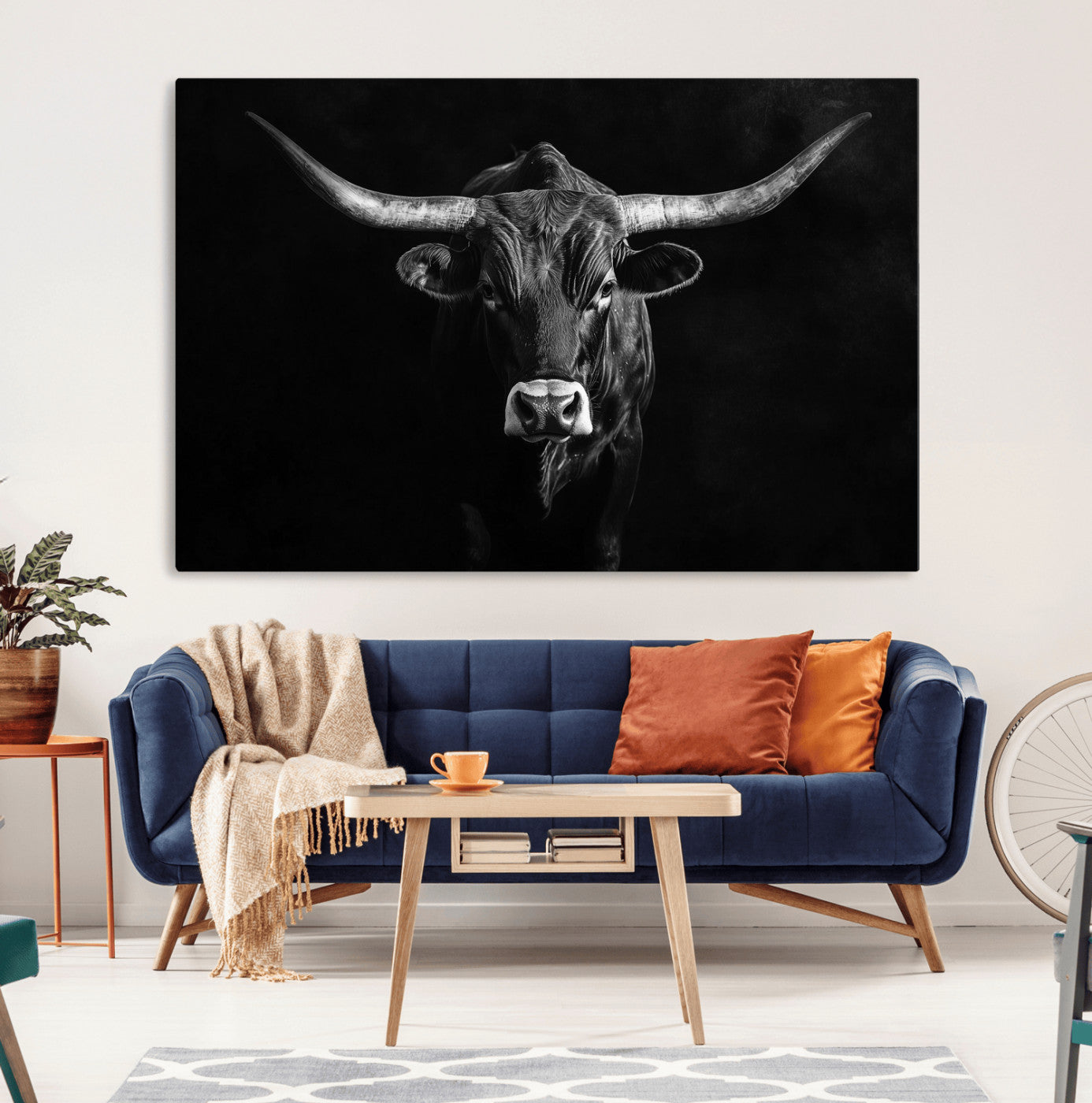 42077175-MGV-CV-36X24-Texas Longhorn Wall Art Canvas Print – Framed Monochrome Horned Bull Rustic Western Cattle Artwork for Home, Office