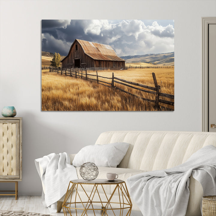 Rustic Barn Wall Art Canvas Print, Framed Moody Barn Art Picture Print, Golden Field Perfect Rustic Farmhouse Decor