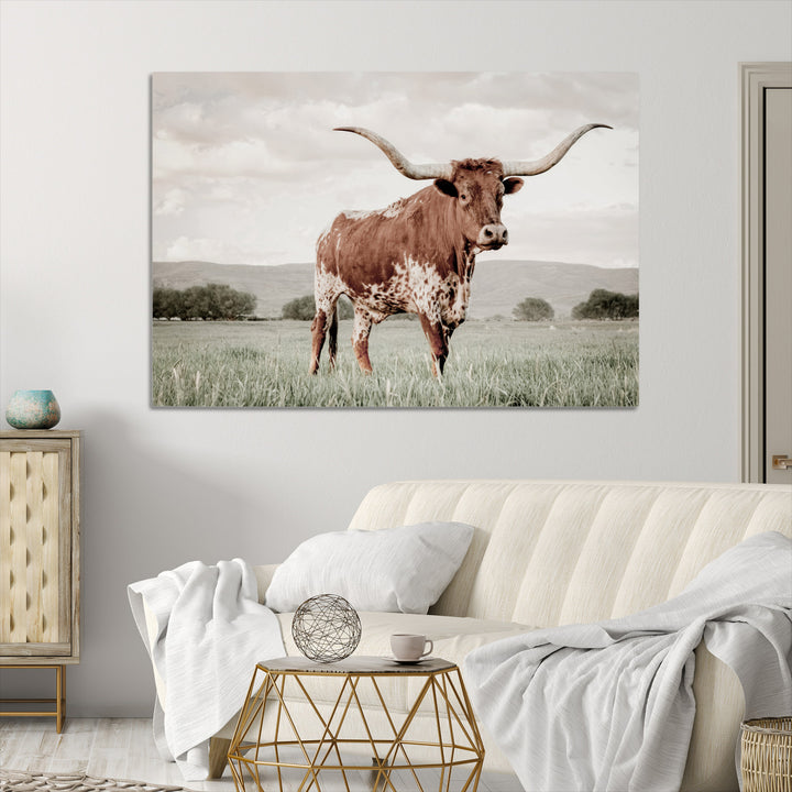 Texas Longhorn Wall Art Canvas Print, Framed Spotted Cattle Art Picture Print, Horned Bull Perfect Rustic Western Decor Artwork