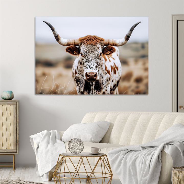Texas Longhorn Wall Art Canvas Print, Framed Spotted Cow Art Picture Print, Horned Cattle Perfect Rustic Western Decor Artwork