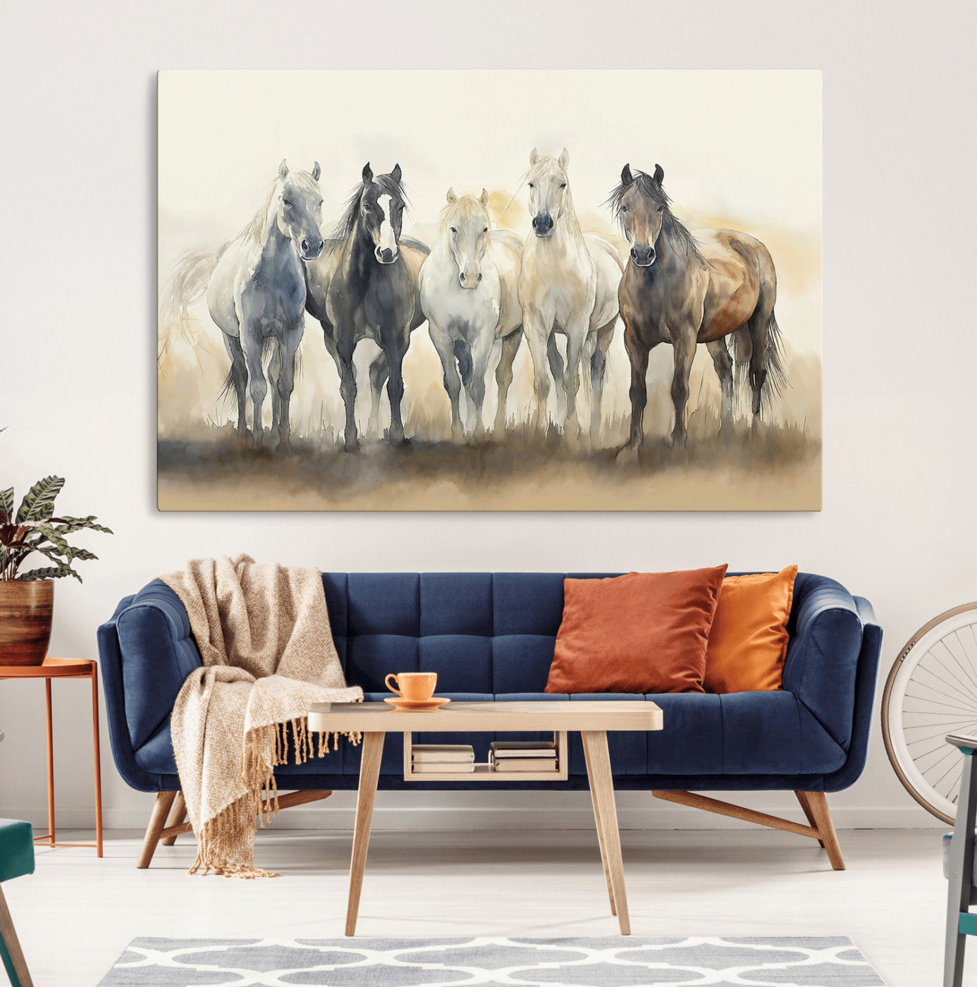 MGV-CV-36X24 - Wild Horses Wall Art Canvas Print, Framed Running Horses Art Picture Print, Watercolor Horses Perfect Rustic Western Decor Artwork