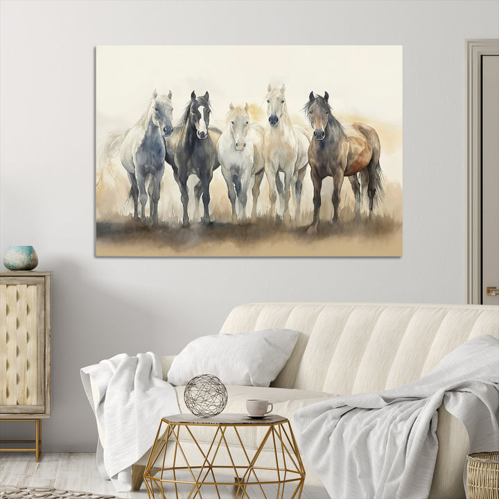 Wild Horses Wall Art Canvas Print, Framed Running Horses Art Picture Print, Watercolor Horses Perfect Rustic Western Decor