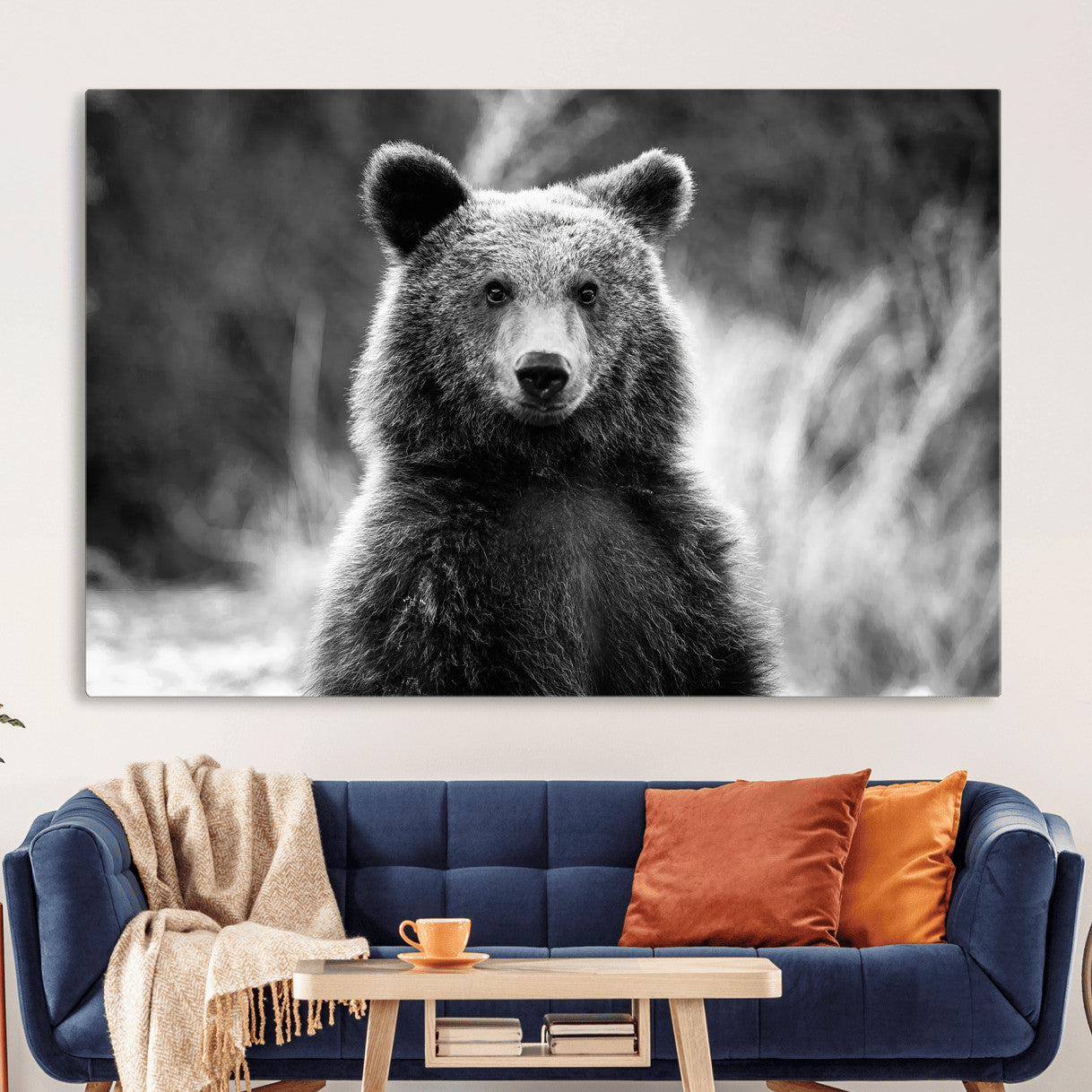 55656803-MGV-CV-36X24-Grizzly Bear Wall Art Canvas Print – Framed Black White Wildlife Rustic Nature Artwork for Home, Office Decor