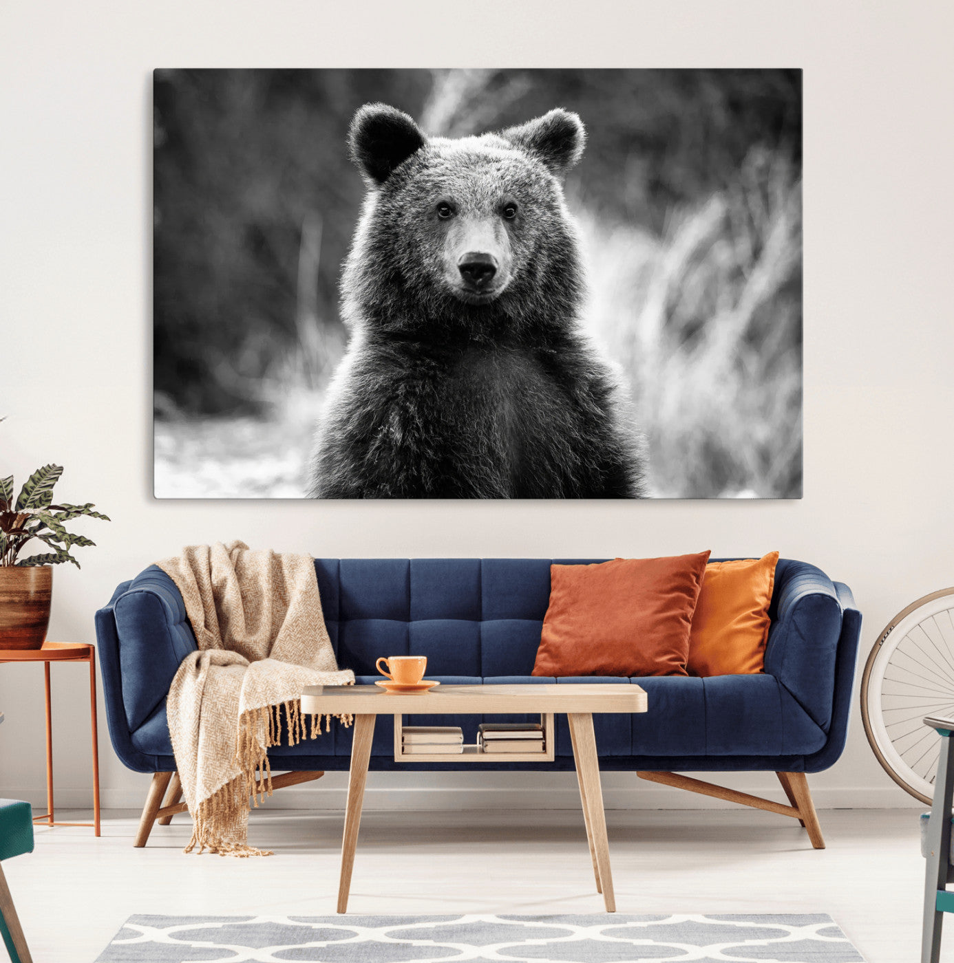 MGV-CV-36X24 - Grizzly Bear Wall Art Canvas Print, Framed Black White Bear Art Picture Print, Wild Bear Perfect Rustic Wildlife Decor Artwork