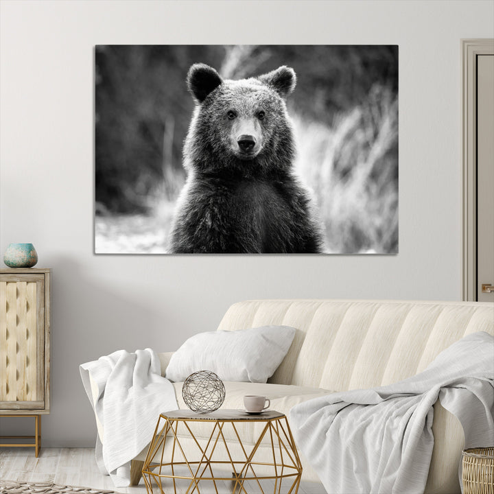 Grizzly Bear Wall Art Canvas Print, Framed Black White Bear Art Picture Print, Wild Bear Perfect Rustic Wildlife Decor