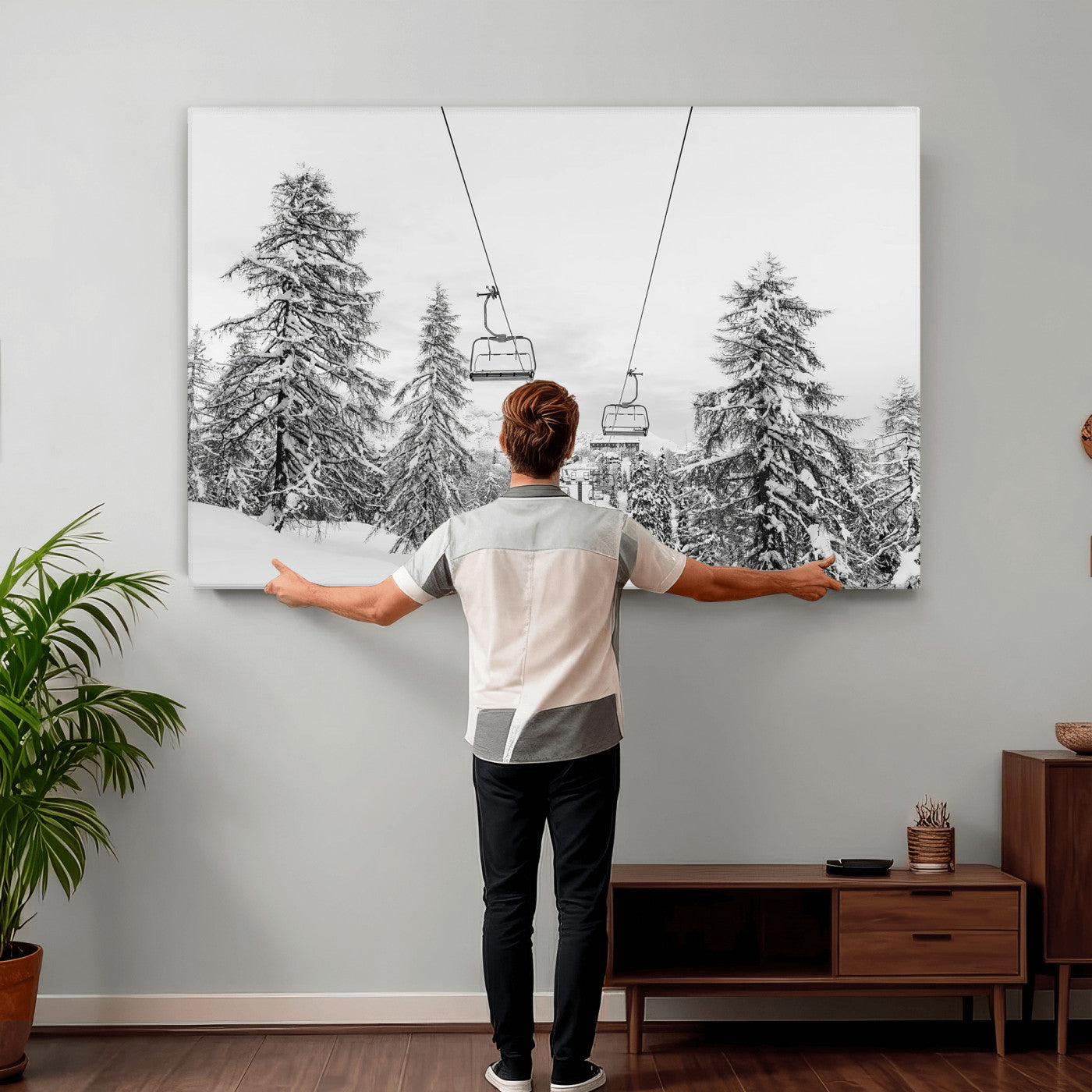 55003599-MGV-CV-36X24 - Snowy Ski Lift Wall Art – Framed Winter Forest Canvas Artwork, Peaceful Mountain Design, Modern Nature Decor for Home, Office