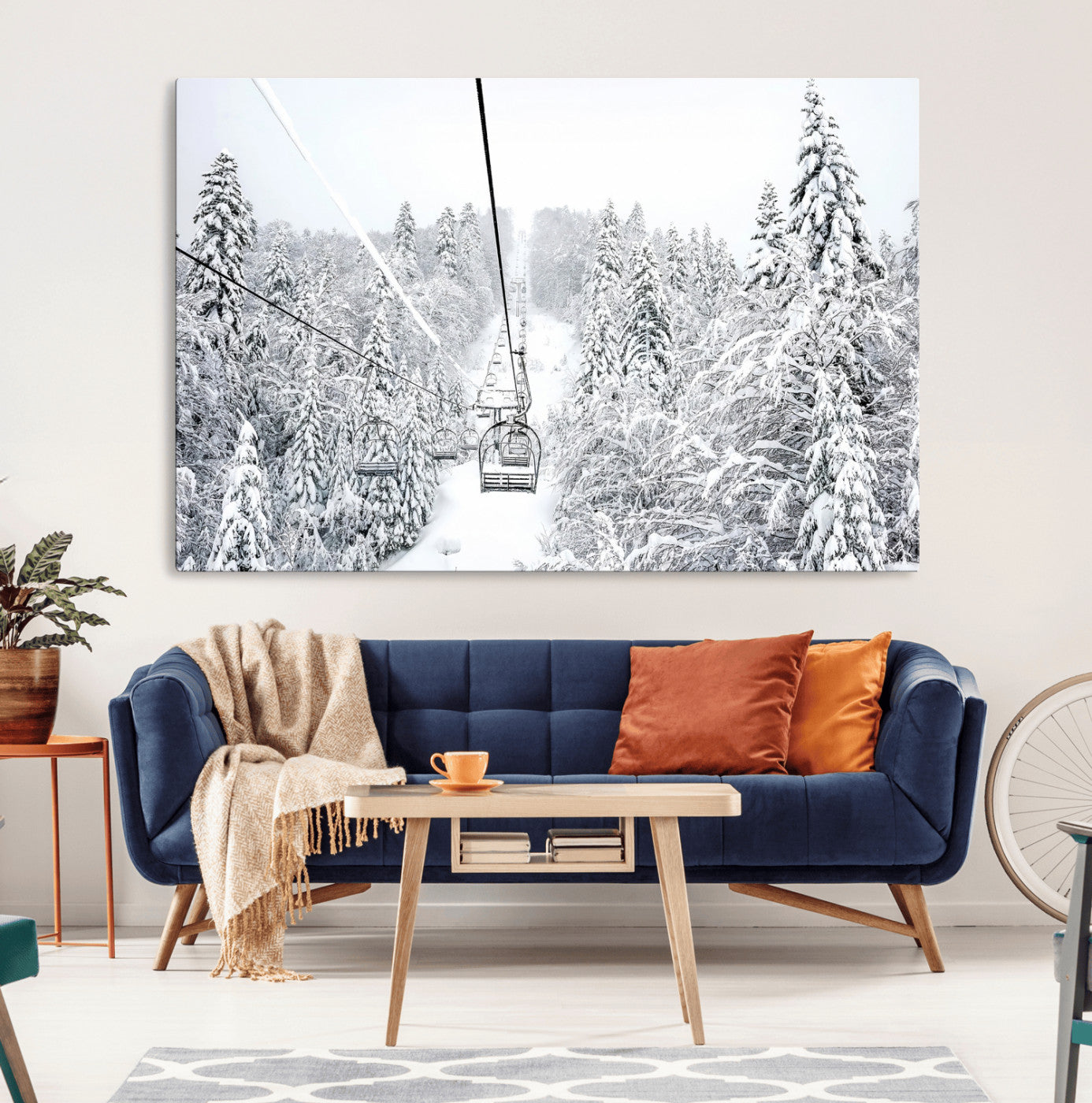 MGV-CV-36X24 - Snowy Mountains Wall Art Canvas Print, Framed Ski Lift Art Picture Print, Winter Forest Perfect