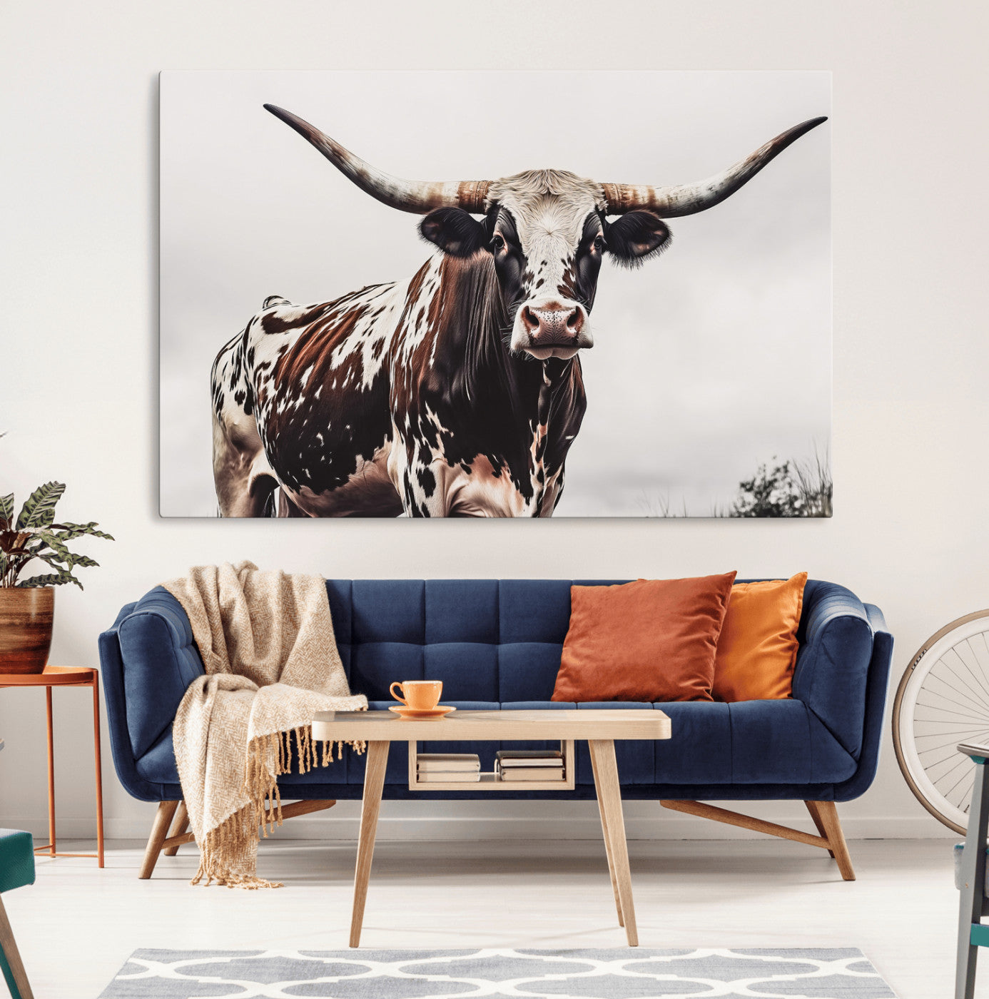 Close-up of a Texas Longhorn bull with powerful horns, perfect for rustic farmhouse or country-themed home decor. Ideal for animal lovers.