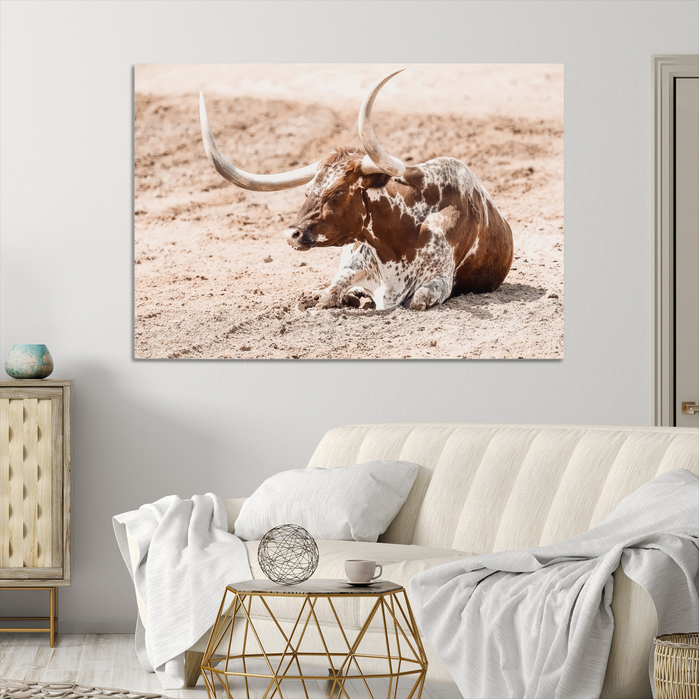 Texas Longhorn Wall Art Canvas Print, Framed Resting Bull Art Picture Print, Spotted Cattle Perfect Rustic Western Decor, Spotted Cattle