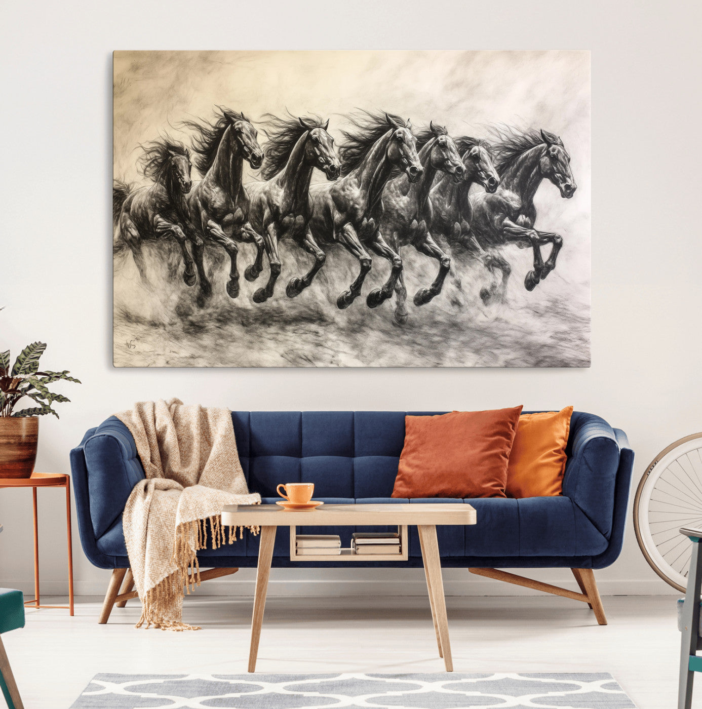 56089591-MGV-CV-36X24-Running Horses Wall Art Canvas Print – Framed Monochrome Sketch Scene with Galloping Herd Artwork for Home, Office