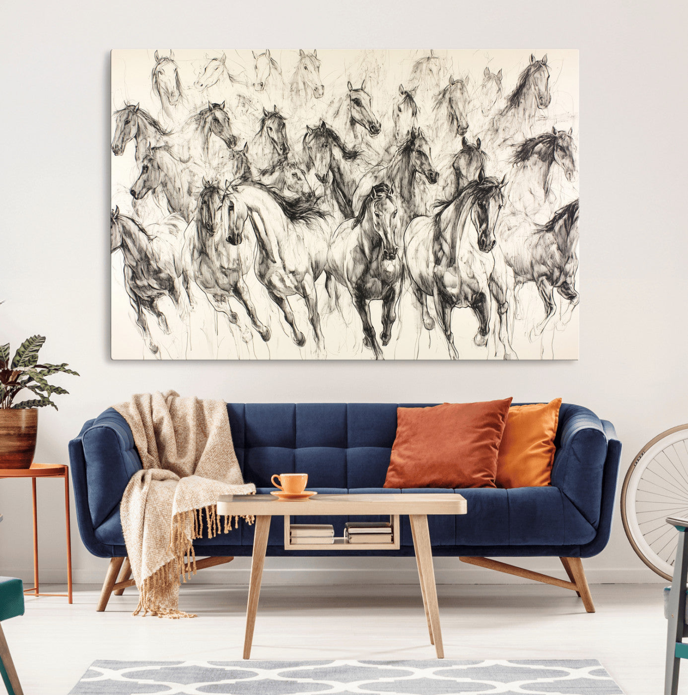 Monochrome ink sketch of galloping horses in dynamic motion, perfect for western or equine-themed wall decor with bold artistic energy.
