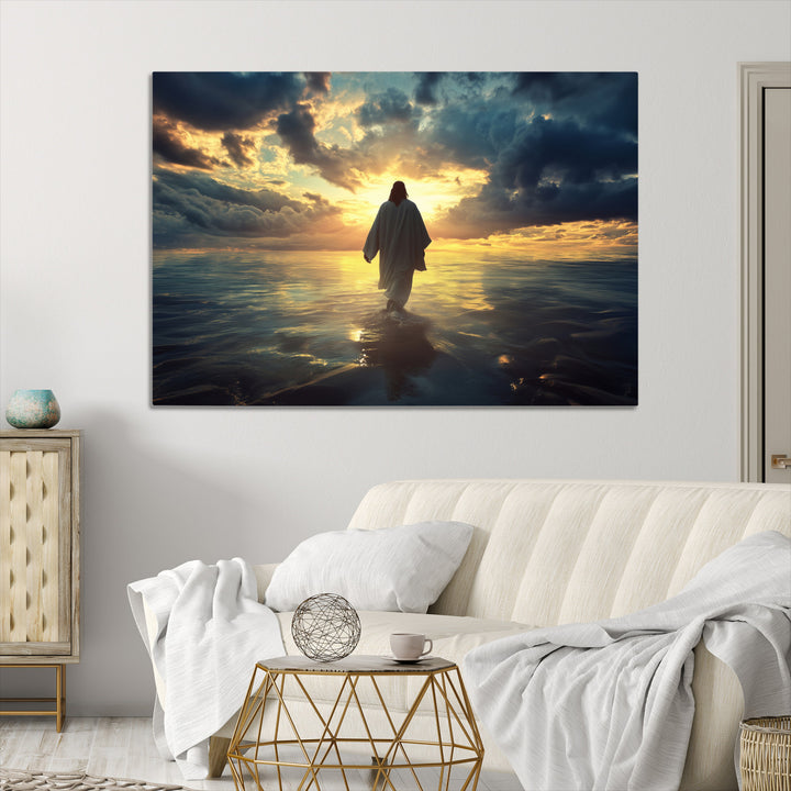 Jesus Walks Wall Art Canvas Print, Framed Divine Sunset Art Picture Print, Spiritual Light Perfect Spiritual Tranquil Decor Artwork