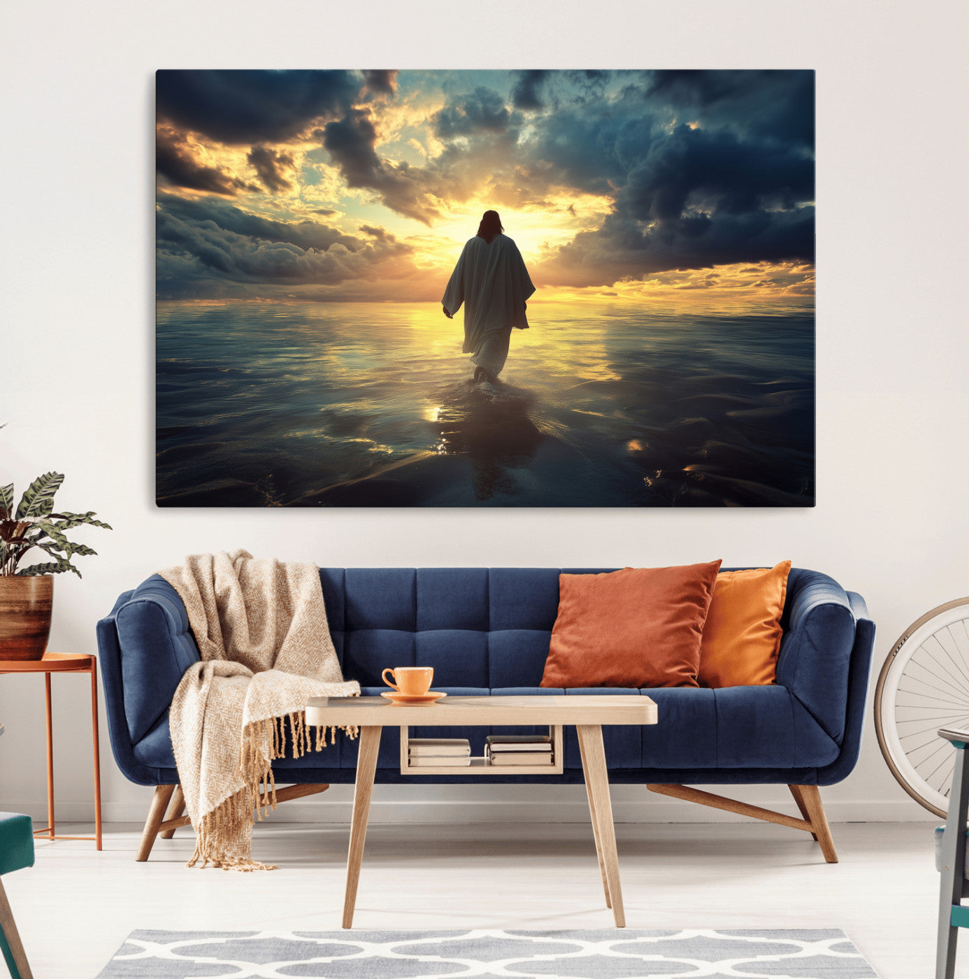Spiritual artwork of Jesus walking on water at golden hour with divine light, ideal for Christian home decor or prayer room.
