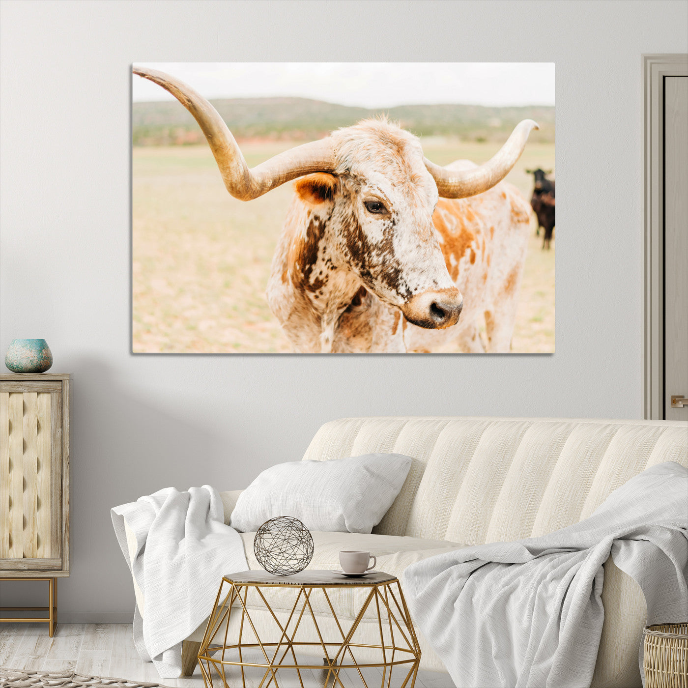 Texas Longhorn Wall Art Canvas Print, Framed Speckled Cow Art Picture Print, Rustic Bull Perfect Rustic Western Decor, Framed Speckled Cow