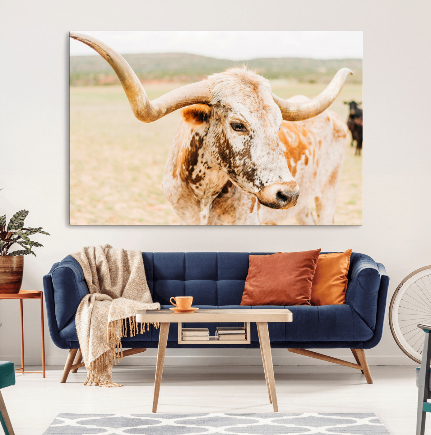Close-up of a speckled Texas Longhorn in warm prairie tones, perfect for rustic western or countryside-themed room decor.