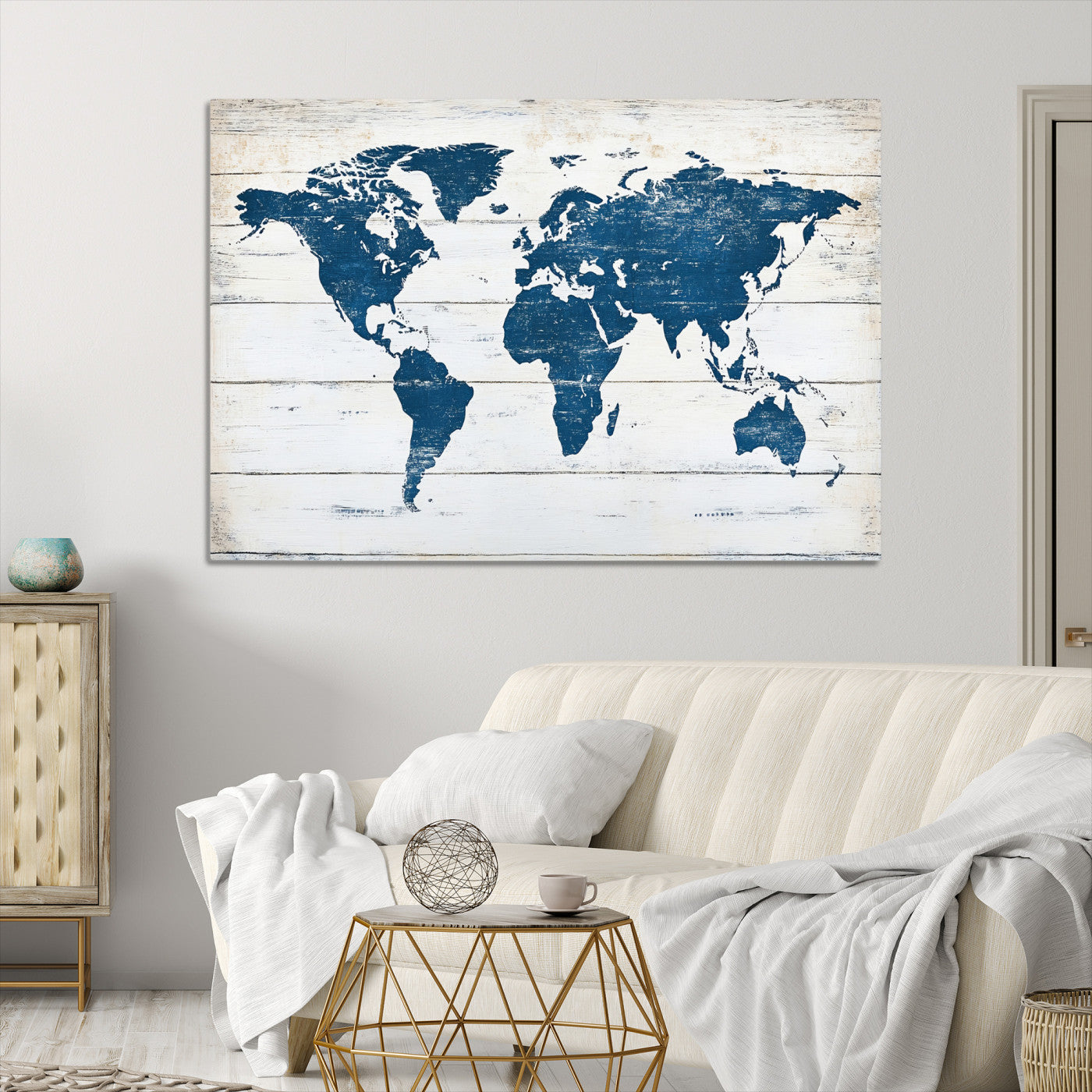 54107201-MGV-CV-36X24-World Map Wall Art Canvas Print, Framed Rustic Atlas Art Picture Print, Wooden Map Perfect Vintage Decor