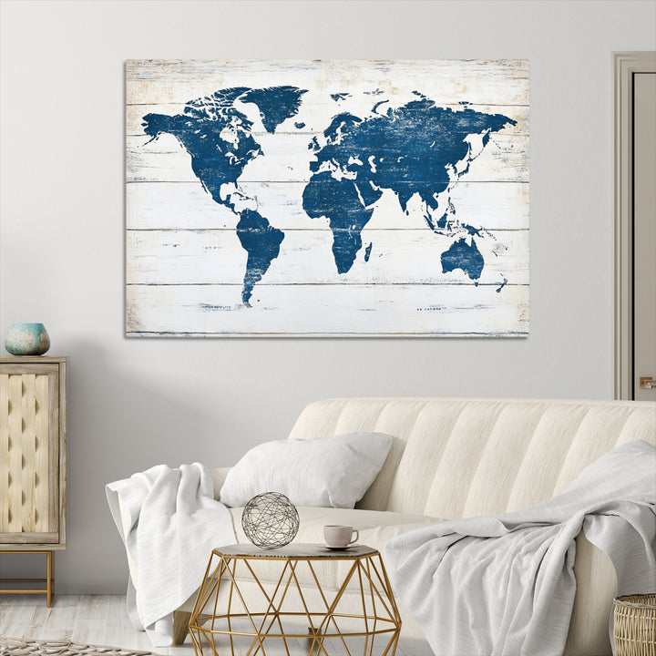 World Map Wall Art Canvas Print, Framed Rustic Atlas Art Picture Print, Wooden Map Perfect Vintage Decor Artwork