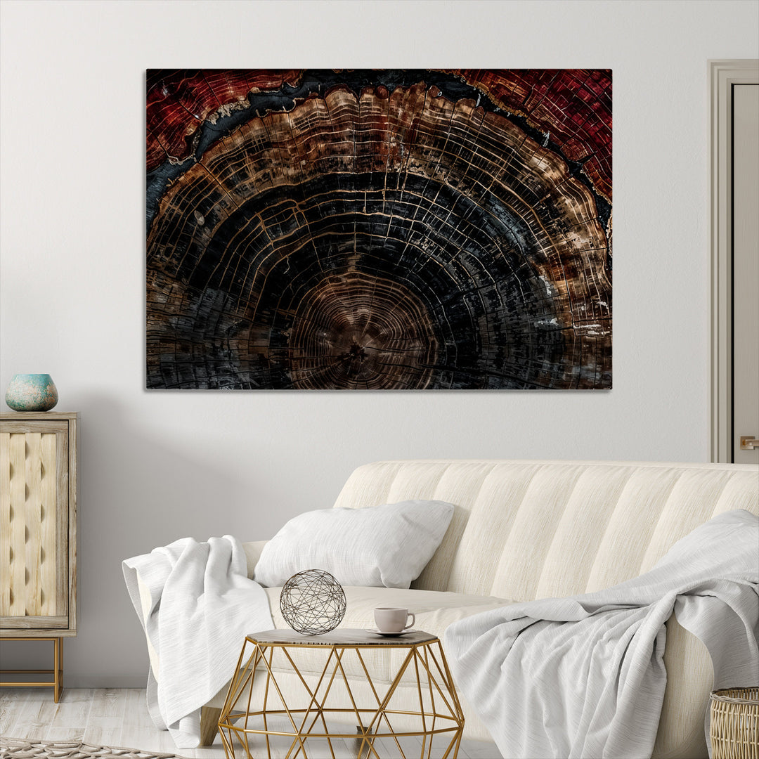 Dark Wood Ring Wall Art Canvas Print, Abstract Wood Tree Print, Framed Rustic Tree Slice Art Print, Large Organic Texture Printing Perfect for Rustic Decor