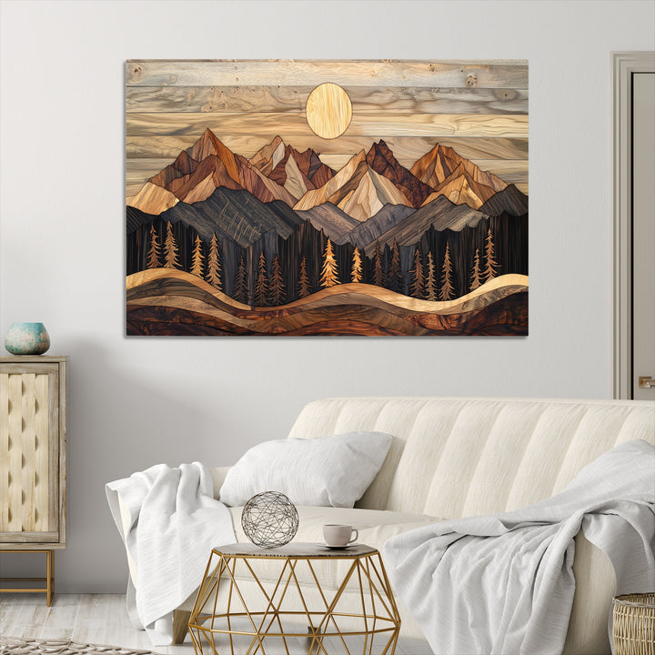Wood Mountain Wall Art Canvas Print, Framed Boho Wood Art Print, Abstract Woodland Farmhouse Decor