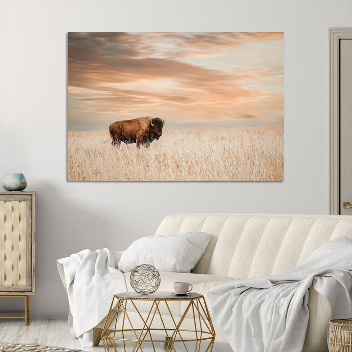 Bison Wall Art Canvas Print, Buffalo Print, Framed Western Prairie Art Print, Large Rustic Wildlife Printing Perfect for Rustic Decor