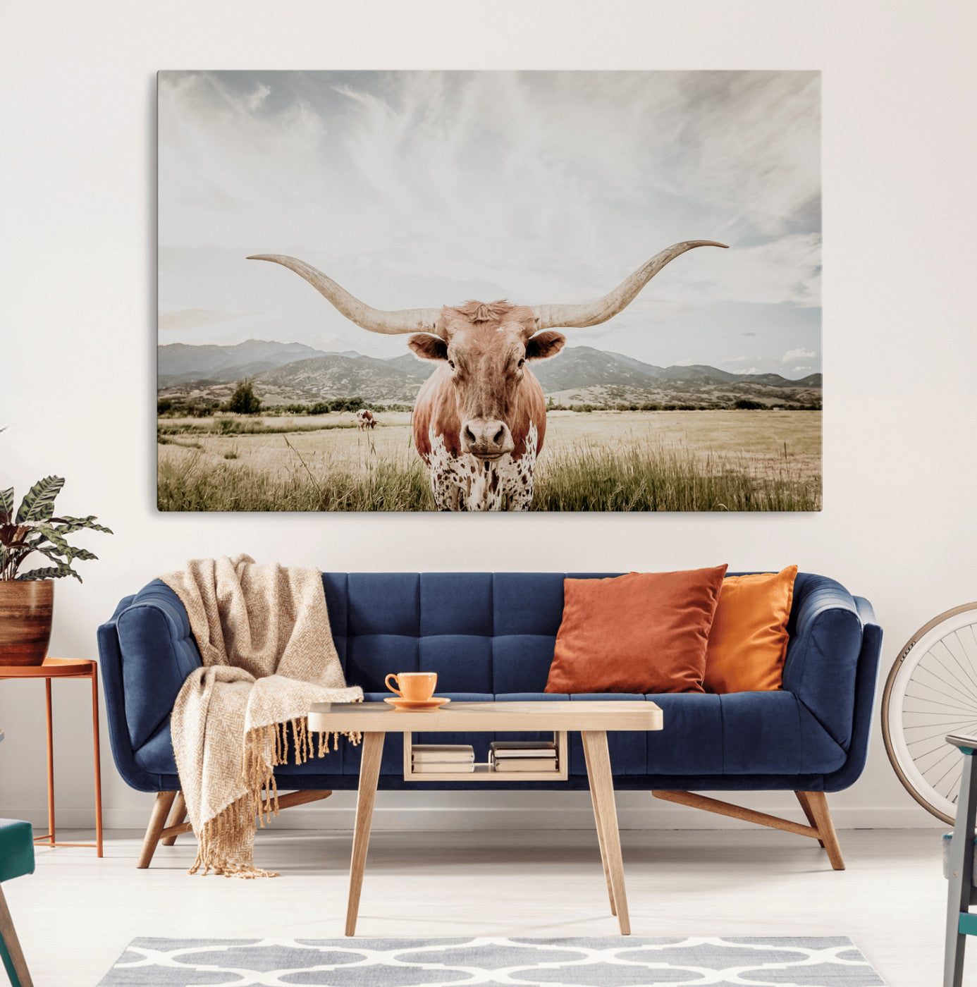 80054319-MGV-CV-36X24-Texas Longhorn Wall Art Canvas Print – Framed Western Cow Scene with Rustic Farmhouse Artwork for Home, Office