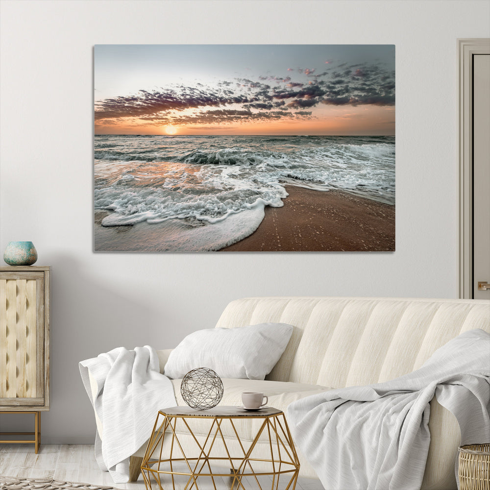 Ocean Sunset Wall Art Canvas Print, Beach Waves Print, Framed Coastal Scene Art Print, Large Seascape Printing Perfect for Coastal Decor