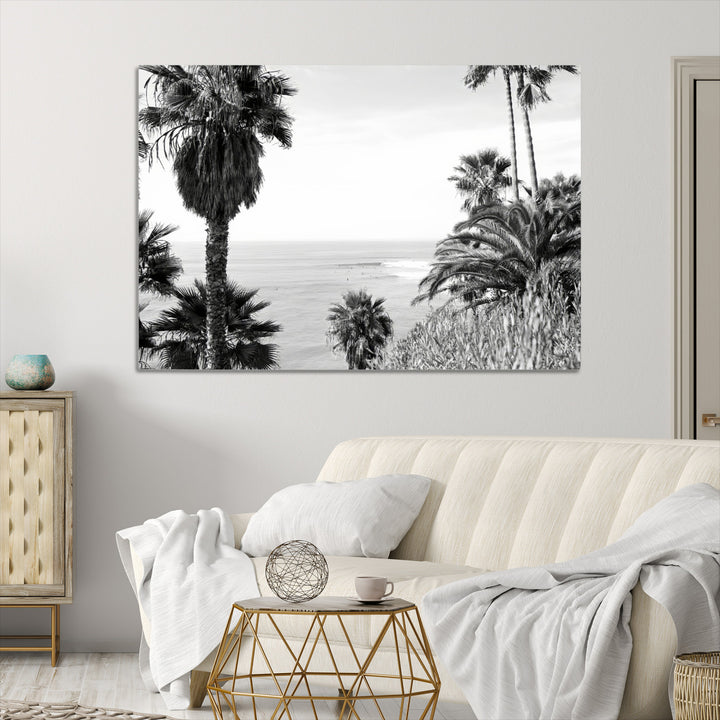 Palm Trees Wall Art Canvas Print, Framed Coastal Art Picture Print, Ocean Horizon Perfect Monochrome Coast Decor