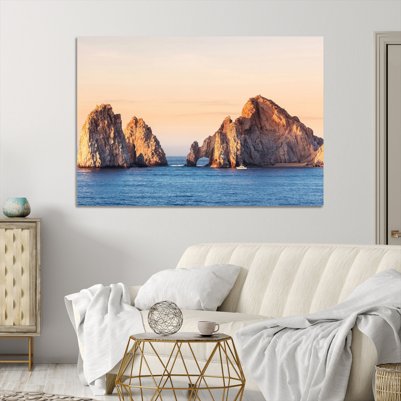 72996116-MGV-CV-36X24-El Arco Wall Art Canvas Print, Framed Cabo Rocks Art Picture Print, Ocean Arch Perfect Golden Coastal Landmark Decor, The Arch Canvas Print