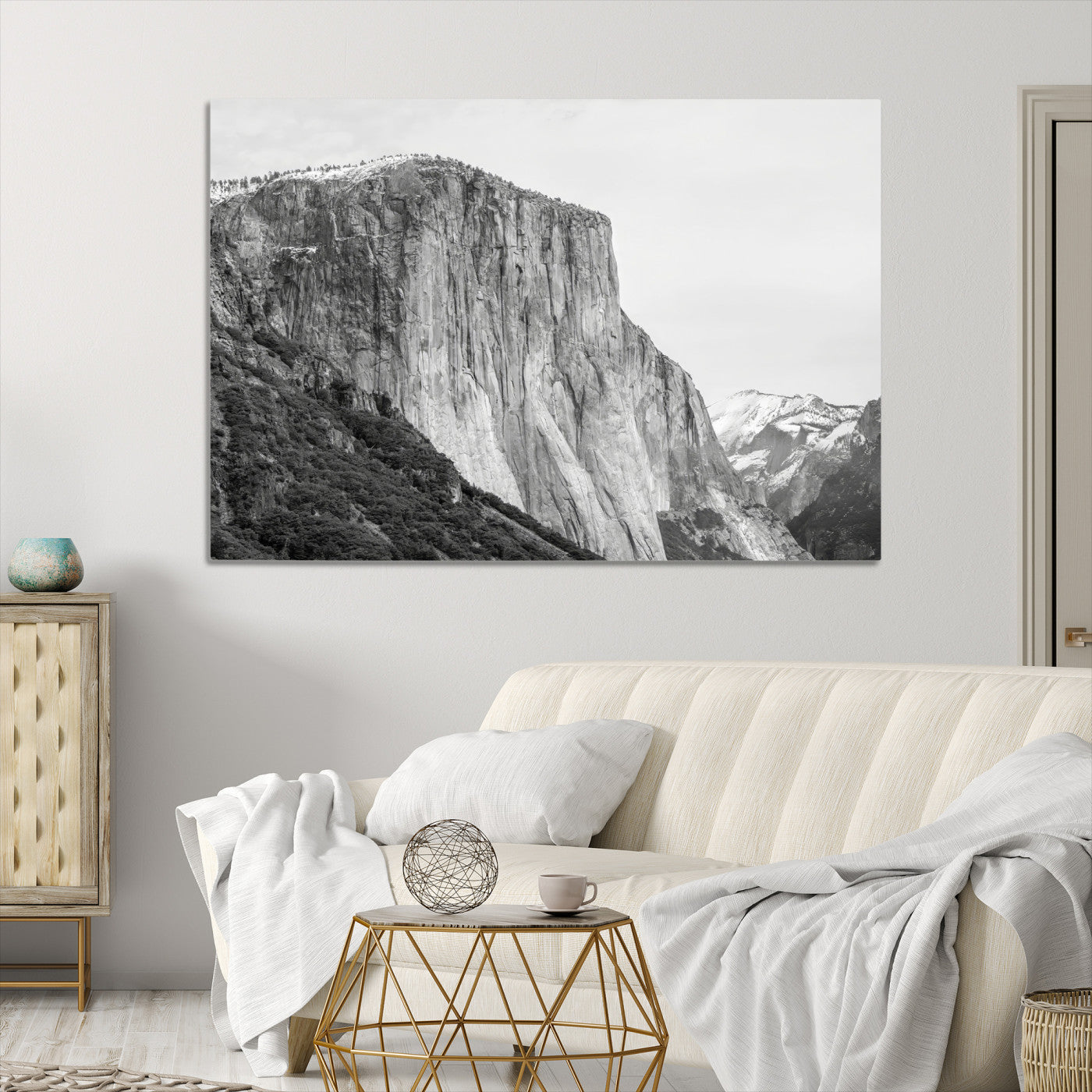 El Capitan Wall Art Canvas Print, Framed Yosemite Cliff Art Picture Print, Monochrome Mountain Perfect Monochrome Sierra Decor