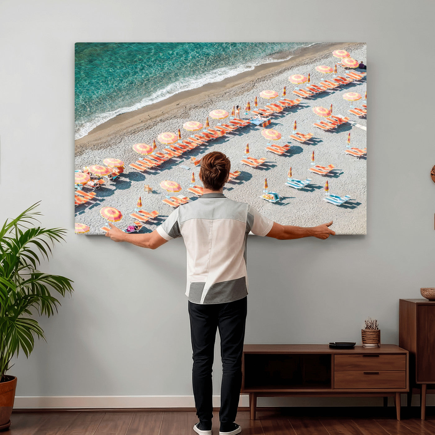 27805351-MGV-CV-36X24 - Beach Umbrellas Wall Art – Orange Loungers & Turquoise Water Canvas Print, Sandy Shore and Summer Vibes