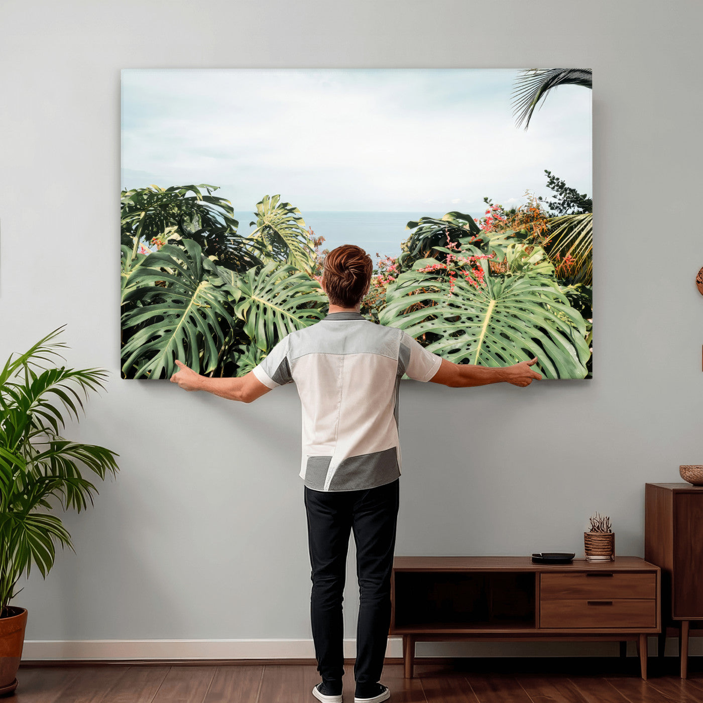 45700479-MGV-CV-36X24 - Tropical Greenery Wall Art – Exotic Leaves & Ocean View Canvas Print, Sunlit Paradise and Vibrant Nature for Living Room or Coastal Decor