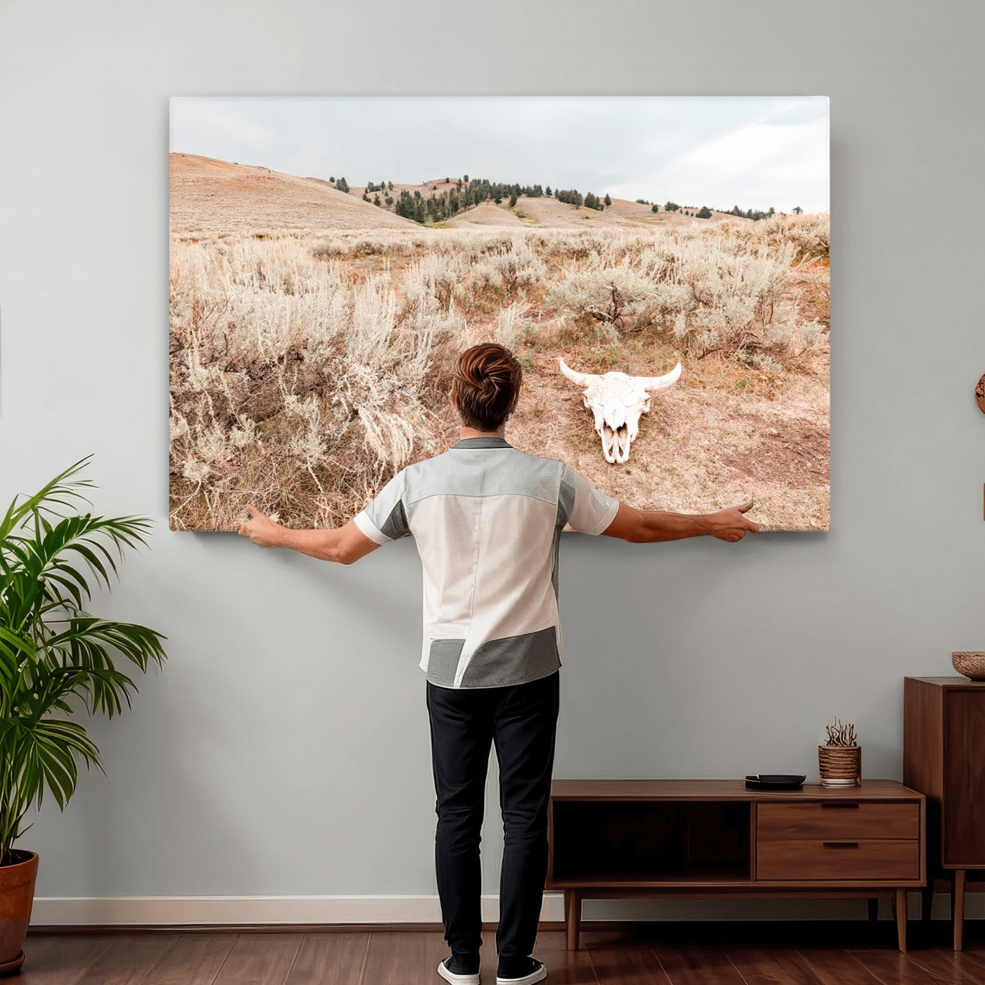 97234735-MGV-CV-36X24 - Desert Skull Wall Art – Arid Landscape & Sagebrush Canvas Print, Rustic Nature and Earth Tones for Living Room or Minimalist Decor