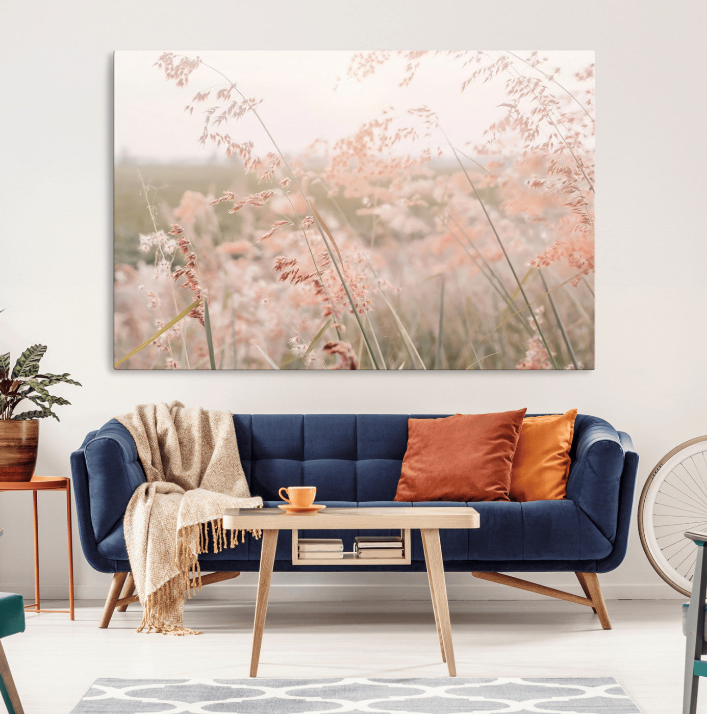 MGV-CV-36X24 - Pastel Grasses Wall Art Canvas Print, Framed Soft Meadow Art Picture Print, Field in Breeze Perfect Soft Pastel Minimal Decor Artwork