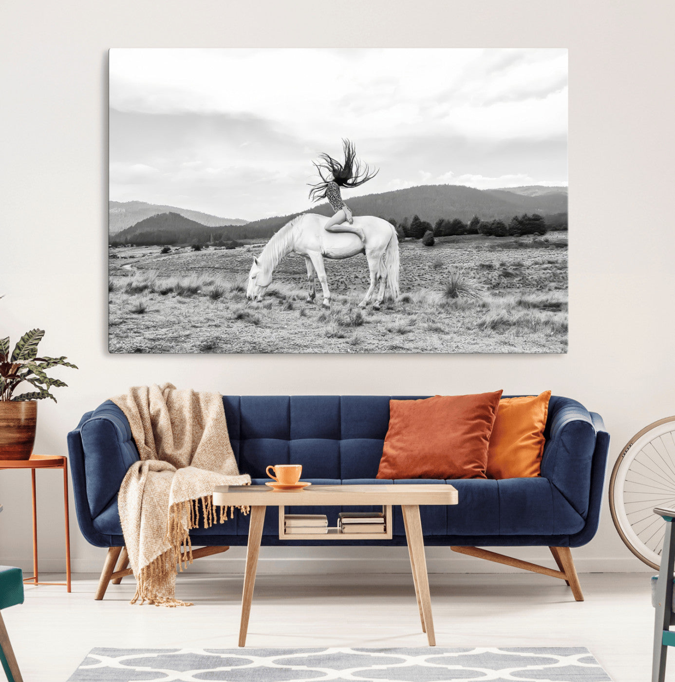 62789800-MGV-CV-36X24-White Horse Wall Art Canvas Print – Framed Woman Rider Equestrian Pose Western Boho Elegant Artwork for Home Office
