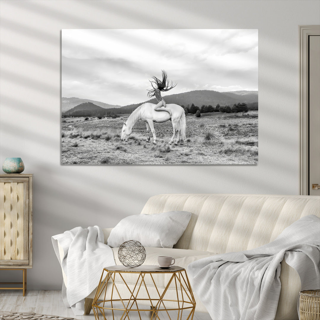 White Horse Wall Art Canvas Print, Woman Rider Print, Framed Equestrian Pose Art Print, Large Grazing Horse Printing Western Boho