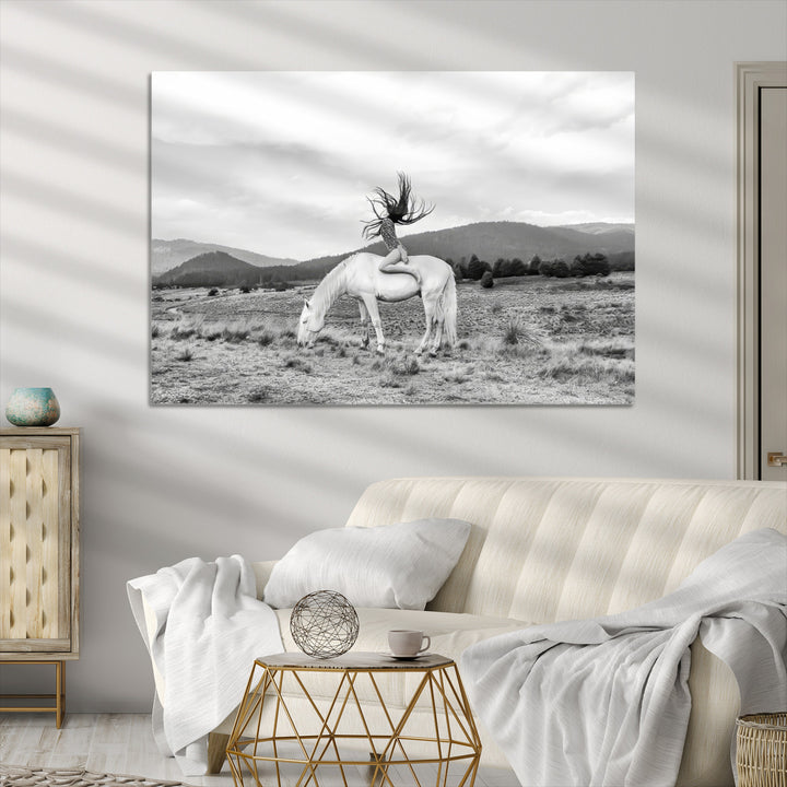 White Horse Wall Art Canvas Print, Woman Rider Print, Framed Equestrian Pose Art Print, Large Grazing Horse Printing Western Boho