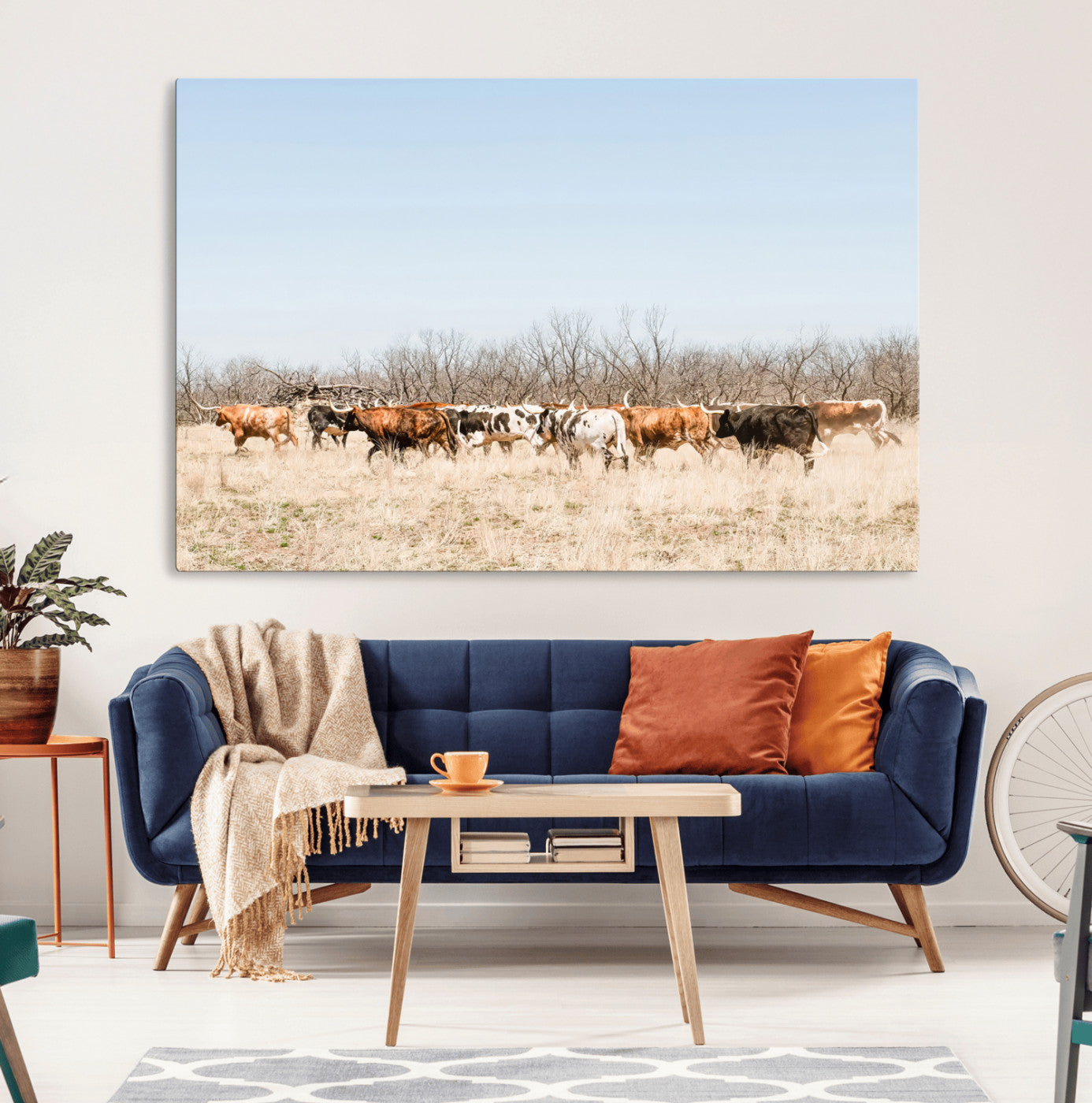 16563092-MGV-CV-36X24-Texas Longhorns Wall Art Canvas Print – Framed Western Cattle Rustic Herd Farmhouse Country Animal Artwork for Home Office