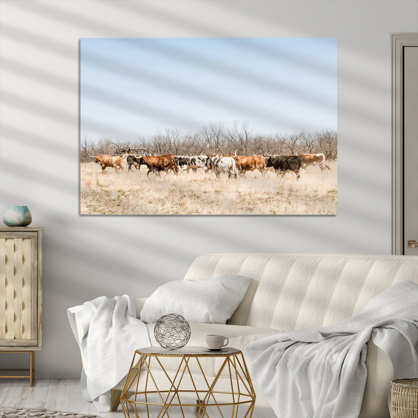 Texas Longhorns Wall Art Canvas Print, Western Cattles Print Wall Art, Framed Rustic Herd Art Print, Large Country Cows Printing Rustic