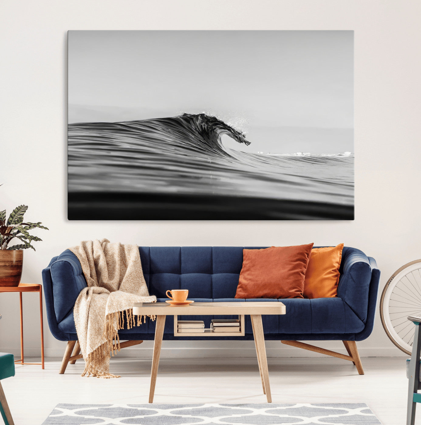 MGV-CV-36X24 - Black Wave Wall Art Canvas Print, Framed Abstract Surf Art Picture Print, Minimalist Ocean Perfect Minimalist Coastal Decor Artwork